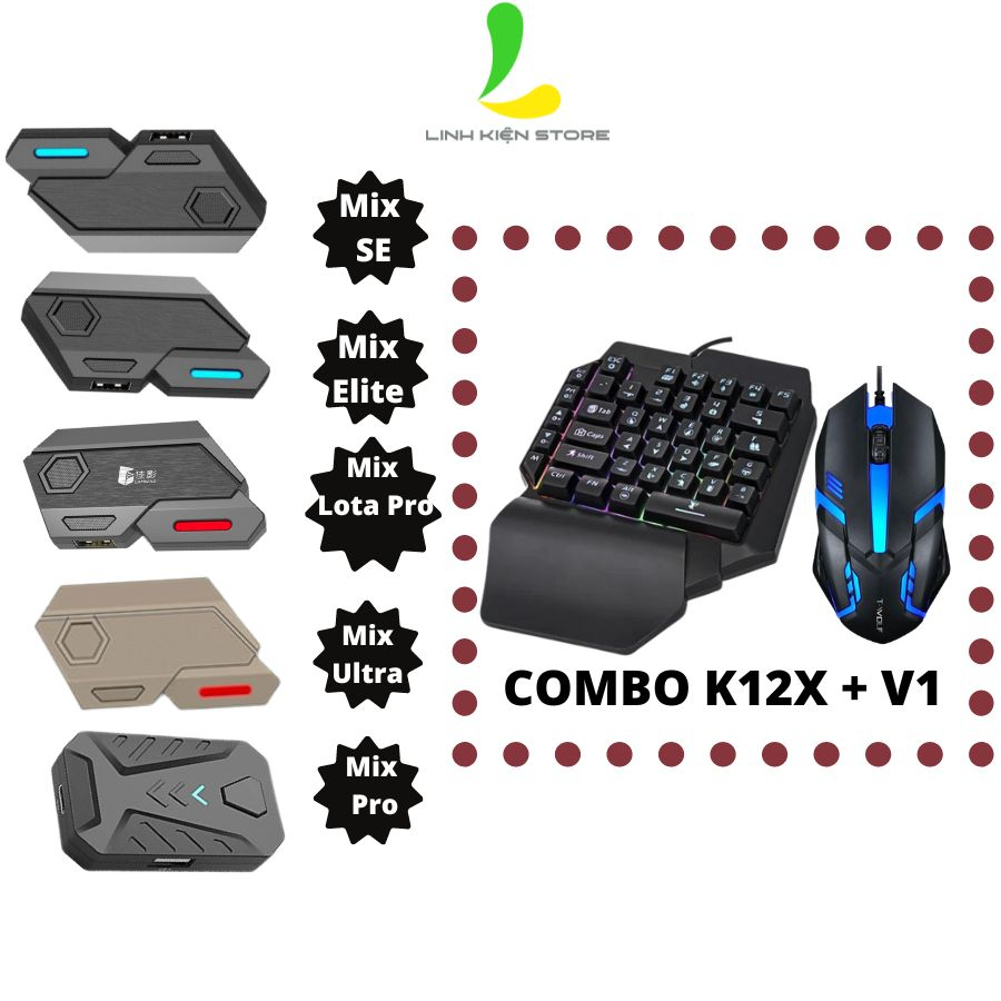 Combo bàn phím chuột K15/ K12X / K13 + V1 và bộ chuyển đổi mix - Phụ kiện gaming hỗ trợ hệ điều hành Android và IOSS