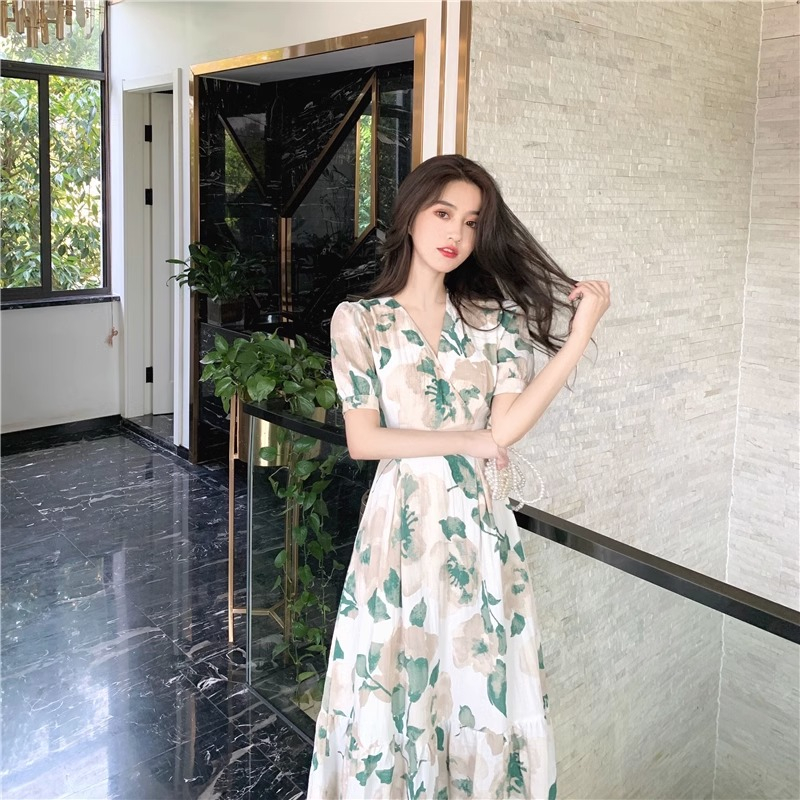 Váy Đầm Hoa Xanh Lá Vai Phồng, Cổ V, Thắt Eo Siêu Xinh, Váy Đi Chơi, Váy Hoa