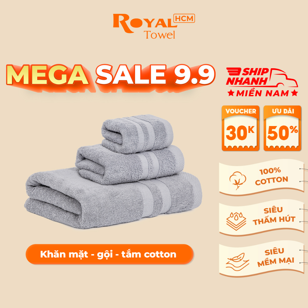 Khăn tắm gội đầu lau mặt Royal Towel 100% cotton dày dặn, thấm hút, không đổ lông, dùng cho gia đình, spa, khách sạn