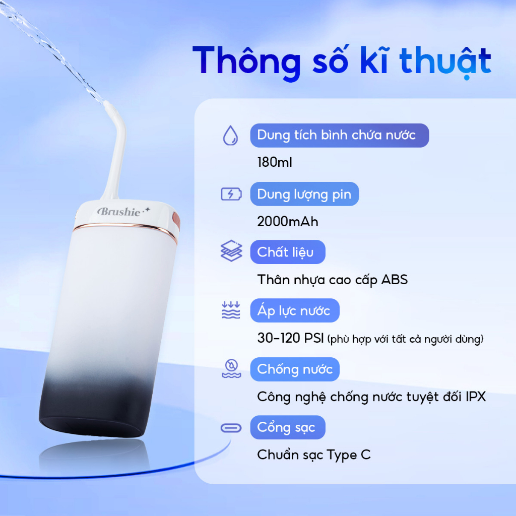 Tăm nước cầm tay Brushie mini, máy tăm nước gấp gọn cải tiến phù hợp cho răng nướu nhạy cảm