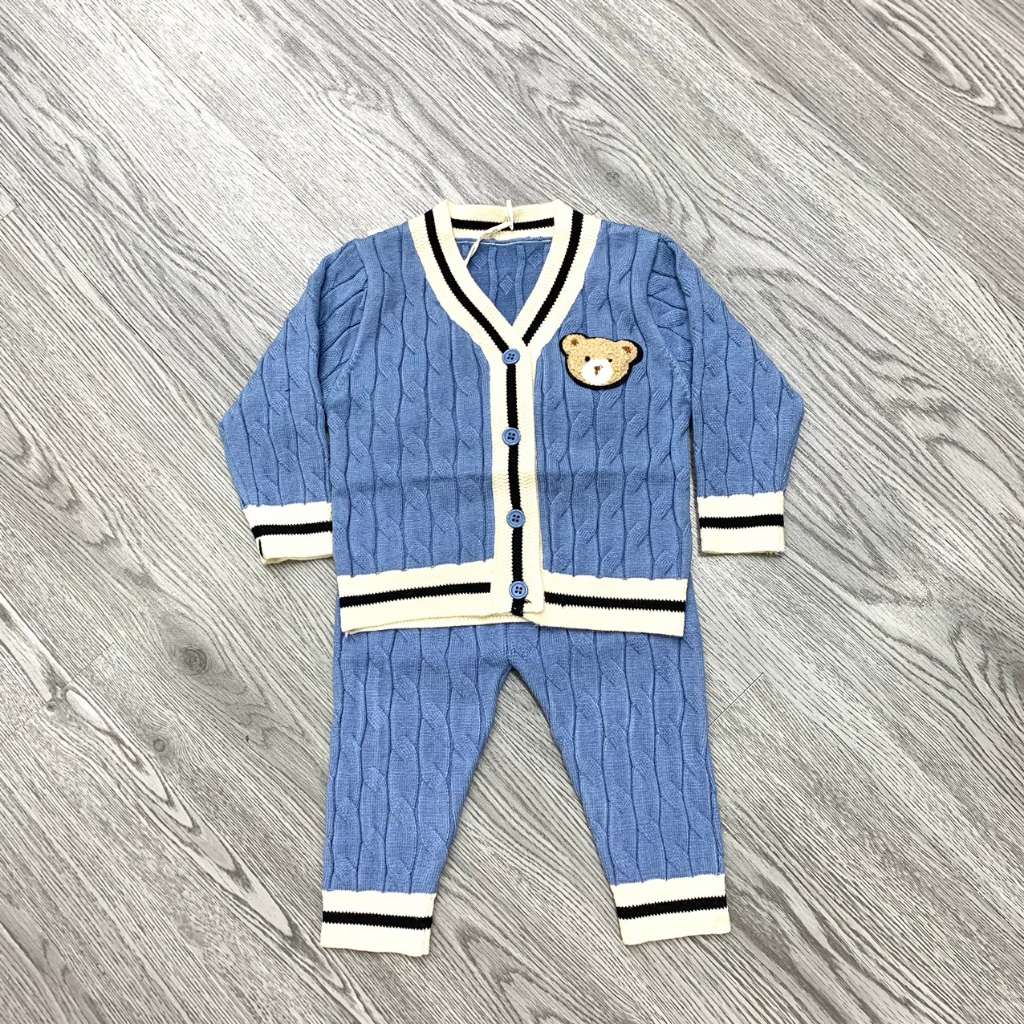 Bộ quần áo len cardigan cho bé HK KIDS, bộ len dài tay Quảng Châu chất len mềm mịn đanh lì sz cho bé 0-3 tuổi