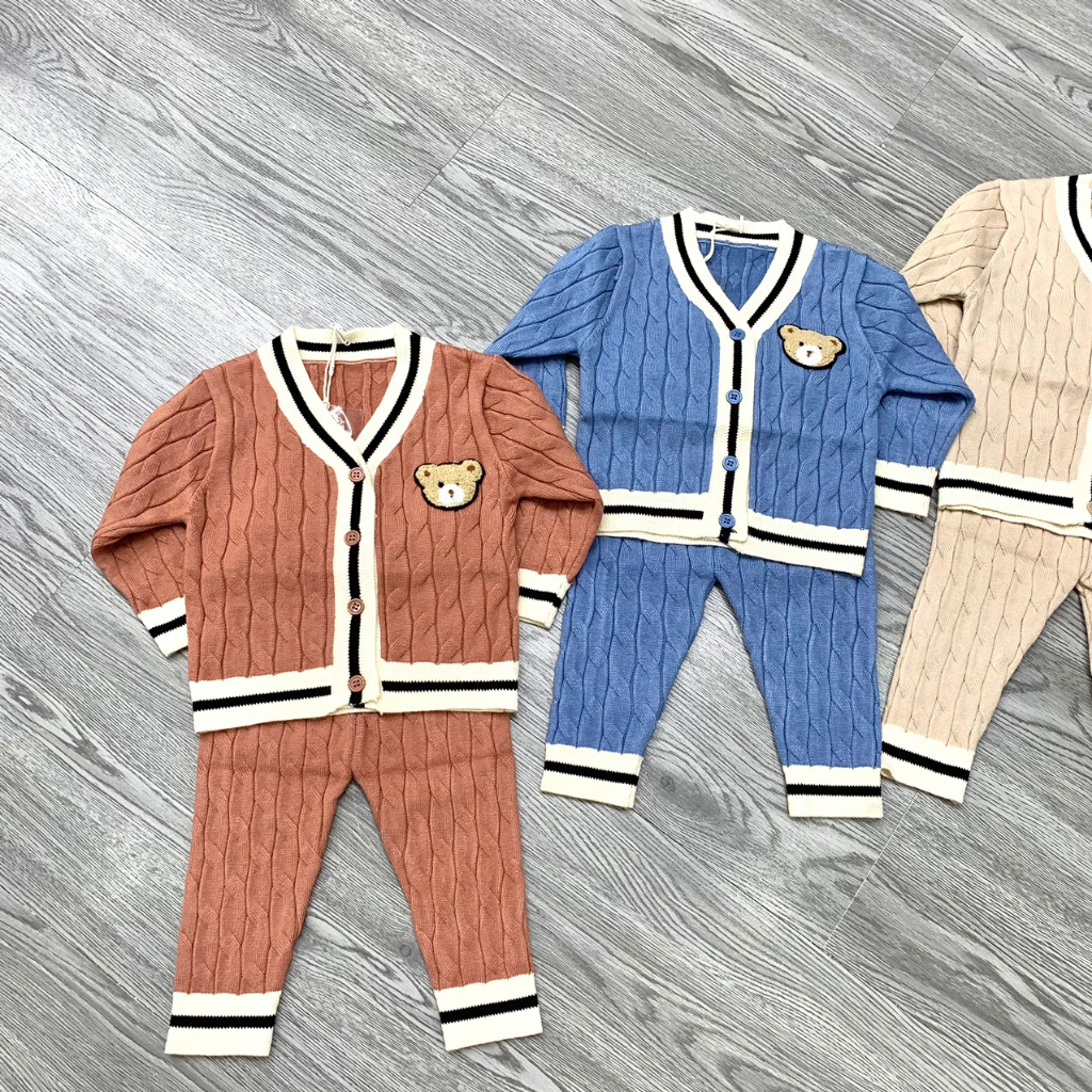 Bộ quần áo len cardigan cho bé HK KIDS, bộ len dài tay Quảng Châu chất len mềm mịn đanh lì sz cho bé 0-3 tuổi