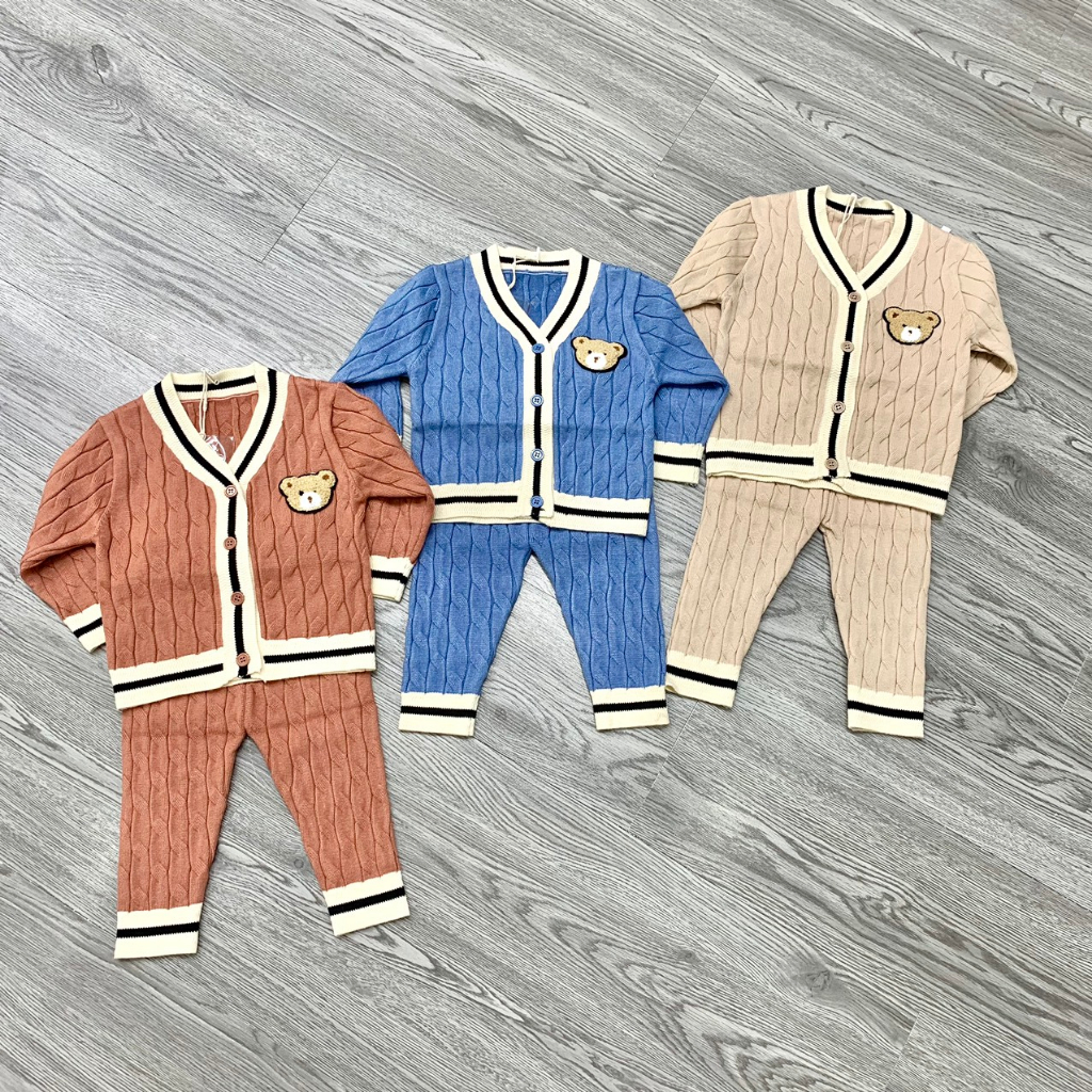 Bộ quần áo len cardigan cho bé HK KIDS, bộ len dài tay Quảng Châu chất len mềm mịn đanh lì sz cho bé 0-3 tuổi