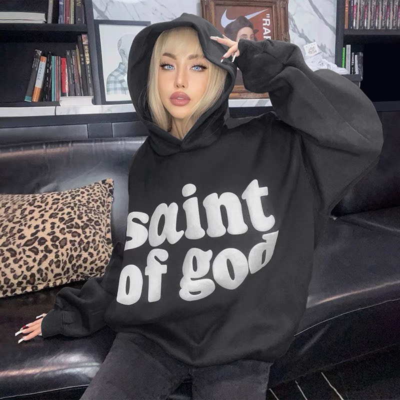 Áo hoodie form rộng unisex màu đen in chữ Saint of god chất liệu nỉ bông mịn ấm áp M11 | BigBuy360 - bigbuy360.vn