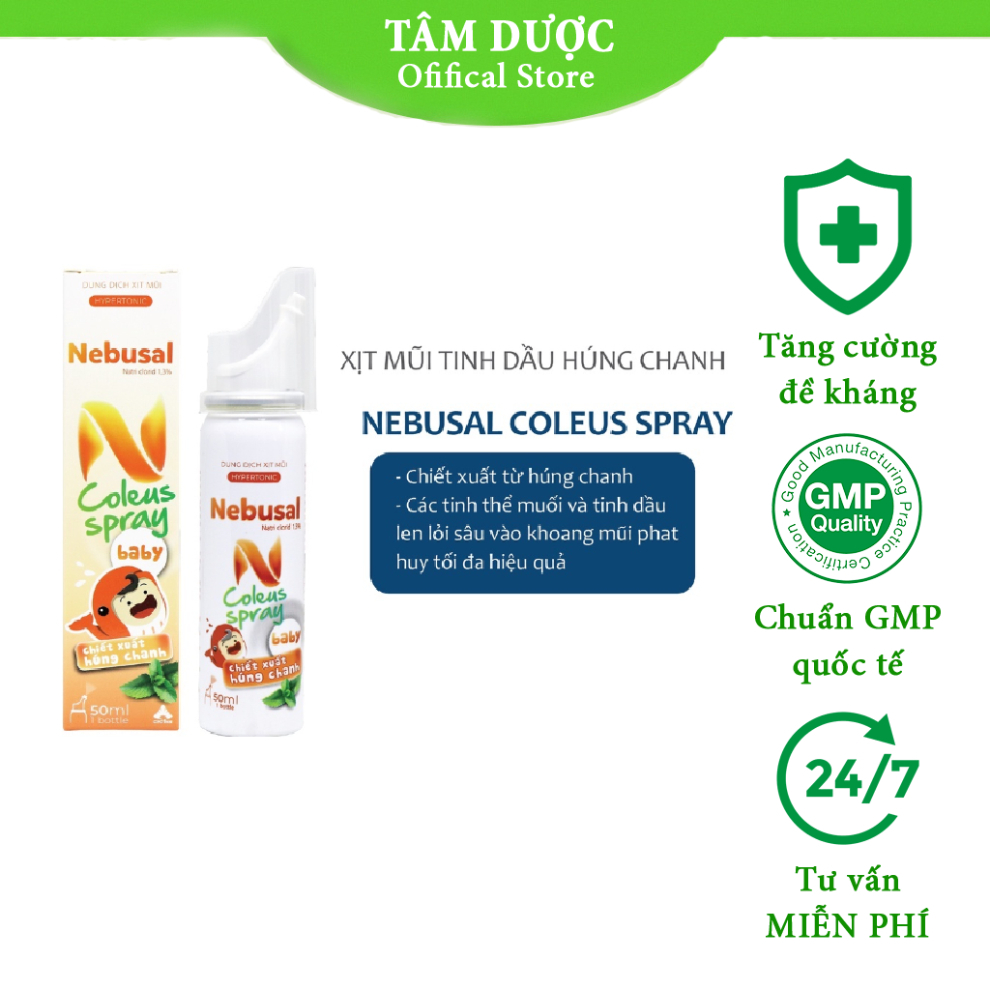 Dung dịch xịt mũi húng chanh Nebusal Coleus Spray 1.3% chai 50ml - giúp giảm nghẹt mũi, sổ mũi cho mọi lứa tuổi
