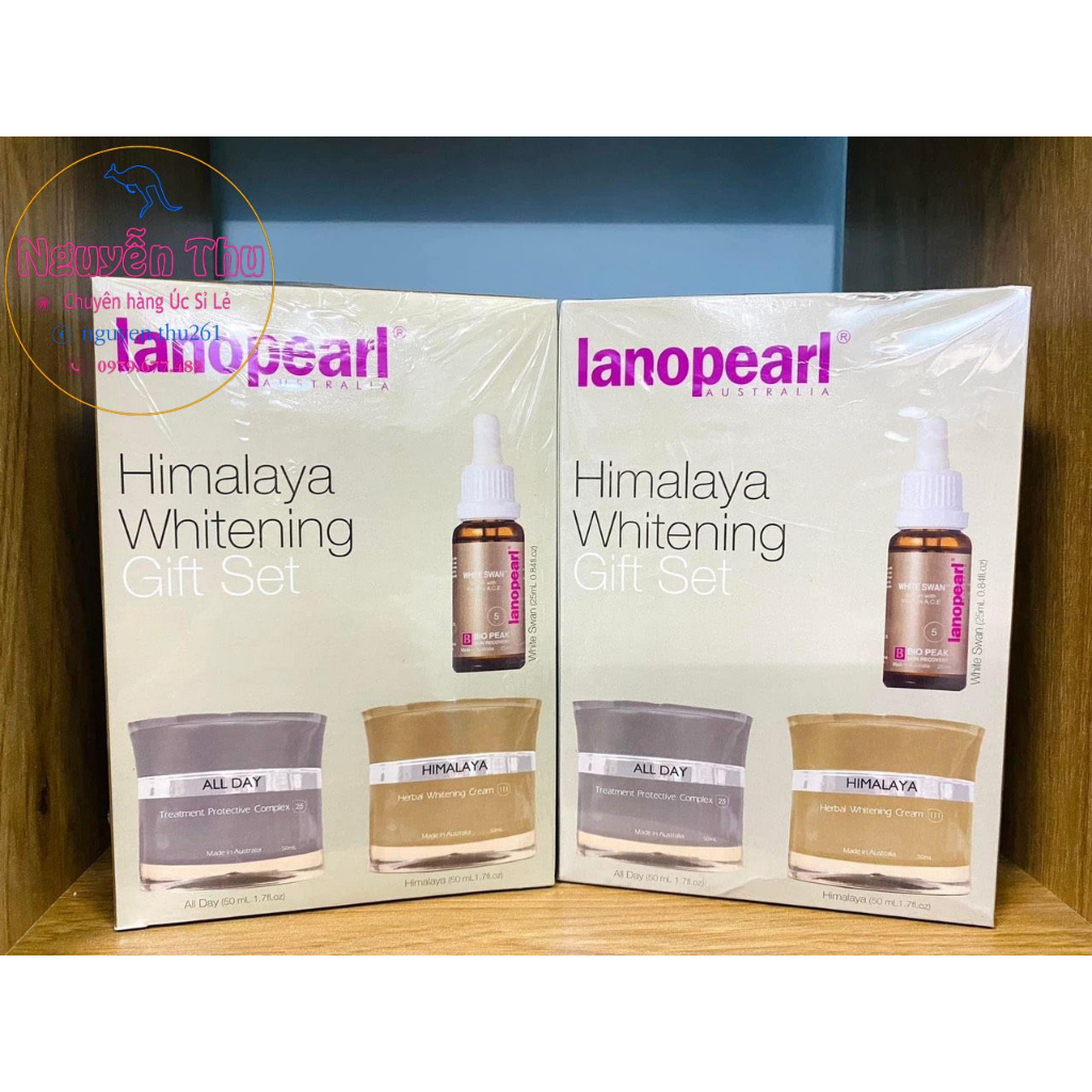 Bộ sản phẩm hỗ trợ mờ nám và làm trắng da Lanopearl Himalaya Whitening Gift Set Úc, bộ 3 sản phẩm kem ngày, đêm, serum