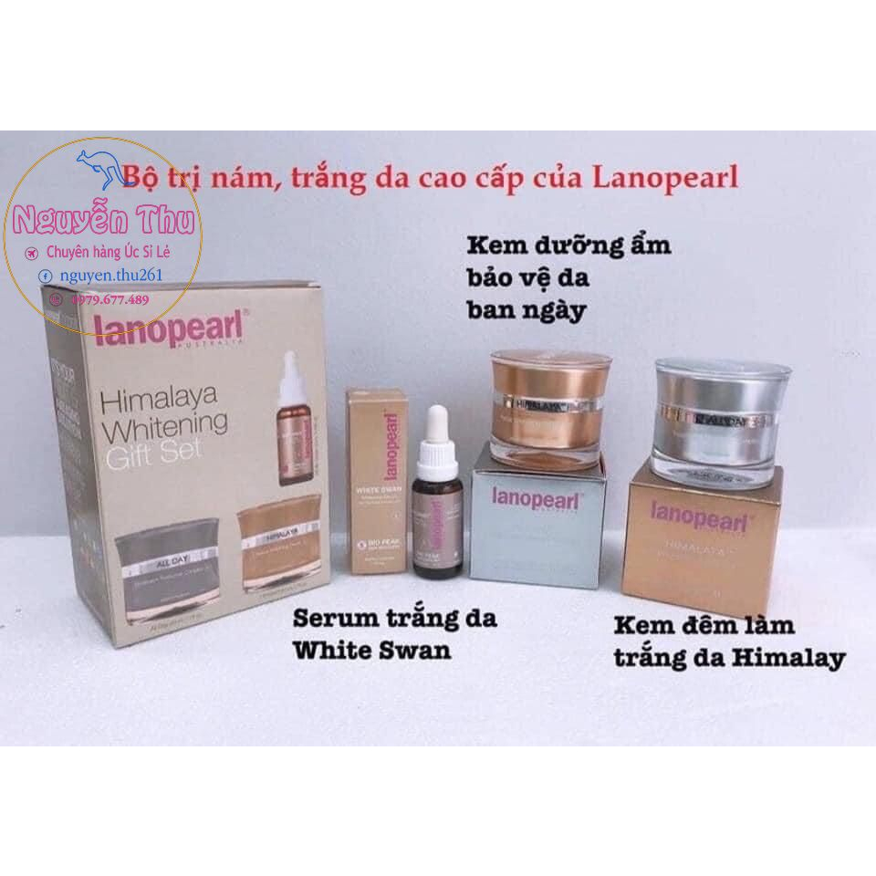 Bộ sản phẩm hỗ trợ mờ nám và làm trắng da Lanopearl Himalaya Whitening Gift Set Úc, bộ 3 sản phẩm kem ngày, đêm, serum