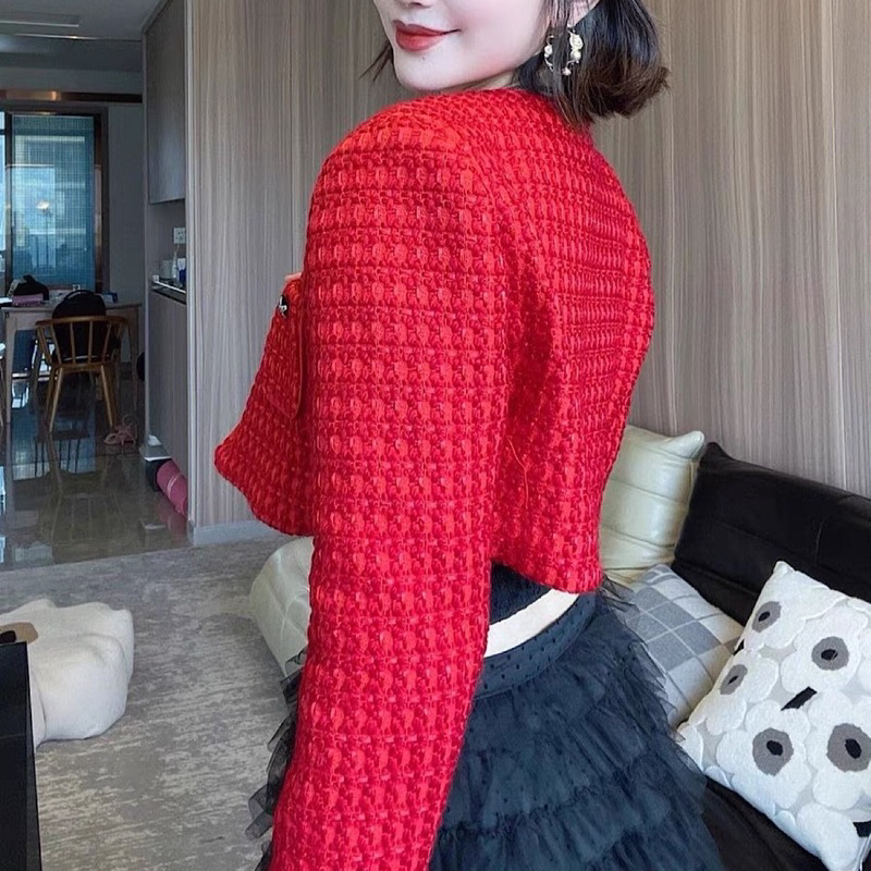 Áo Dạ Tweed Dáng Ngắn Cổ Tròn Màu Đỏ Hàng Quảng Châu Cao Cấp_ Hàng Order Kèm Ảnh Thật