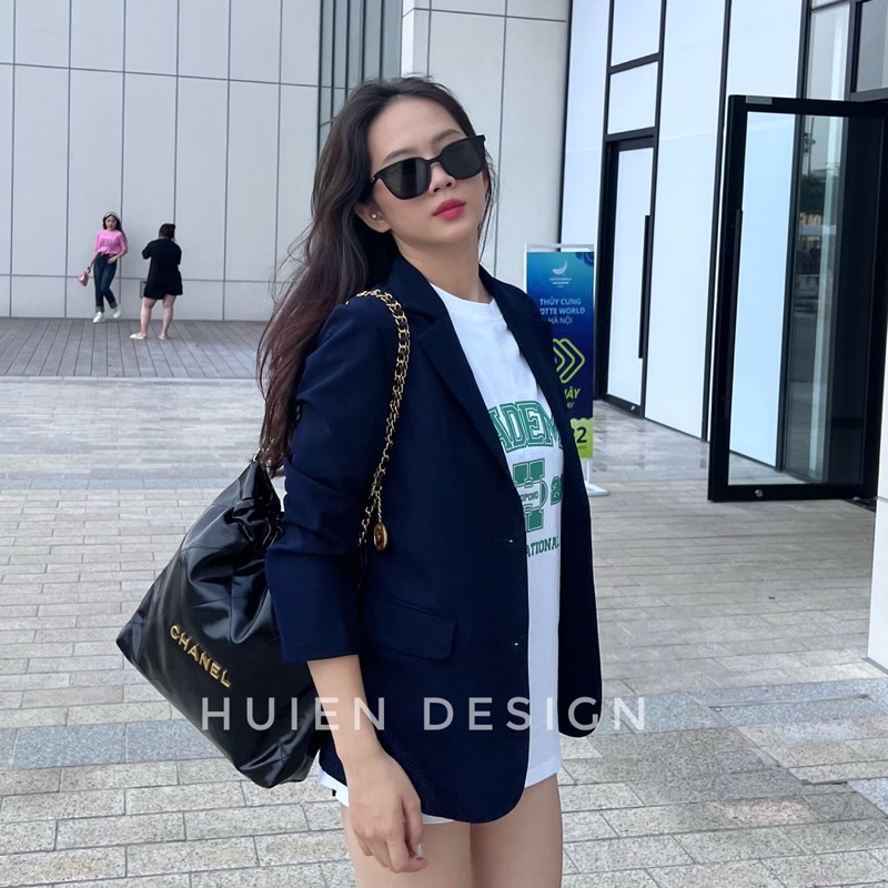 Áo khoác blazer nữ 1 lớp tay dài hàng thiết kế Huien Design tone xanh than thời trang công sở, áo vest nữ form Hàn Quốc