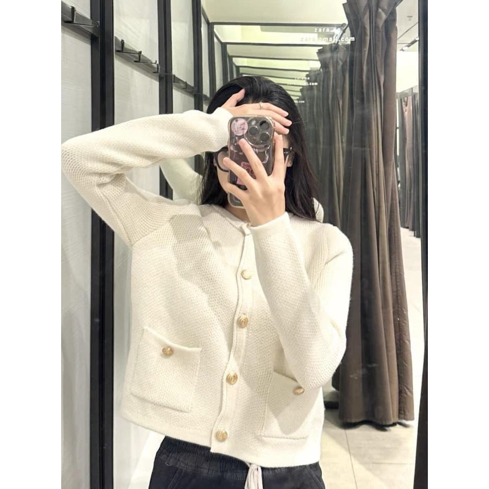 Áo zara xuất xịn len trắng có túi cài cúc