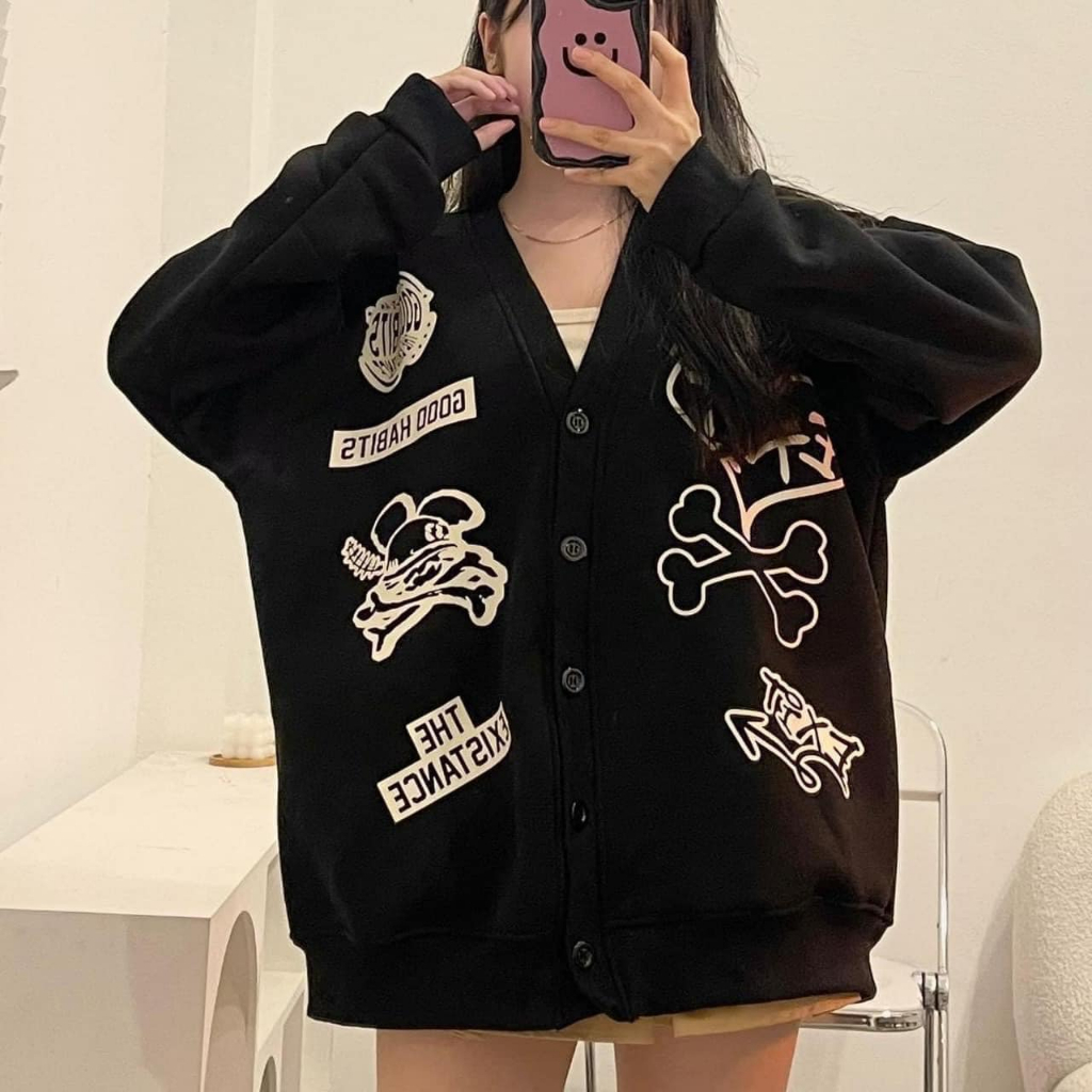 Áo cardigan màu đen form rộng in họa tiết hoạt hình, cardigan nữ nỉ bông kiểu dáng Hàn Quốc M13 | BigBuy360 - bigbuy360.vn