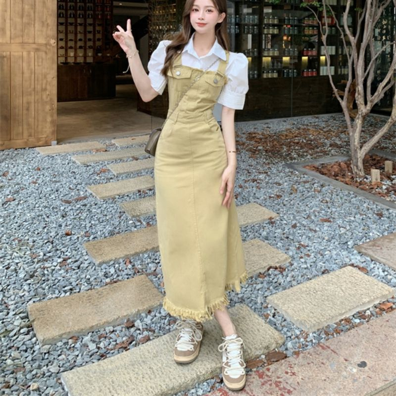 Sẵn ngắn - Yếm đầm denim dáng dài tua rua màu hồng nâu váy yếm maxi dáng basic phong cách tiểu thư cho nữ