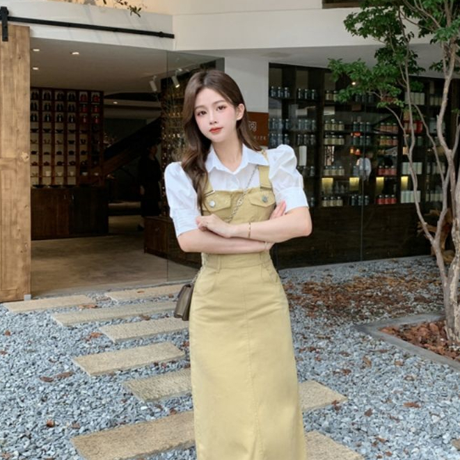 Sẵn ngắn - Yếm đầm denim dáng dài tua rua màu hồng nâu váy yếm maxi dáng basic phong cách tiểu thư cho nữ