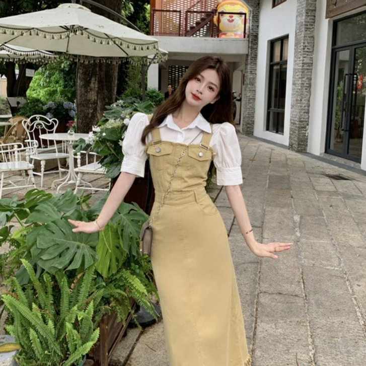 Sẵn ngắn - Yếm đầm denim dáng dài tua rua màu hồng nâu váy yếm maxi dáng basic phong cách tiểu thư cho nữ