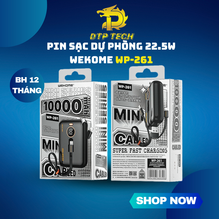 Pin Sạc Dự Phòng Mini 10.000mah WP-261 hỗ trợ sạc nhanh kèm dây sạc 20W + 22.5W PD hàng chính hãng Bh 12 tháng