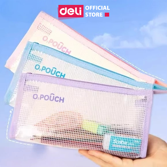 Túi Đựng Bút Bóp Viết Tam Giác Lưới Trong Suốt Pastel Deli - Sức Chứa Lớn Chống Thấm Nước Túi Mỹ Phẩm Học Sinh Văn Phòng