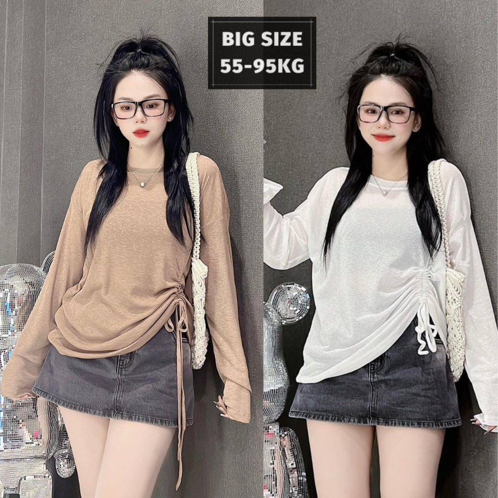 (Bigsize) Áo thun giấy mỏng dài tay rút hông che bụng, tôn dáng cực xinh, from rộng co giãn thoải mái