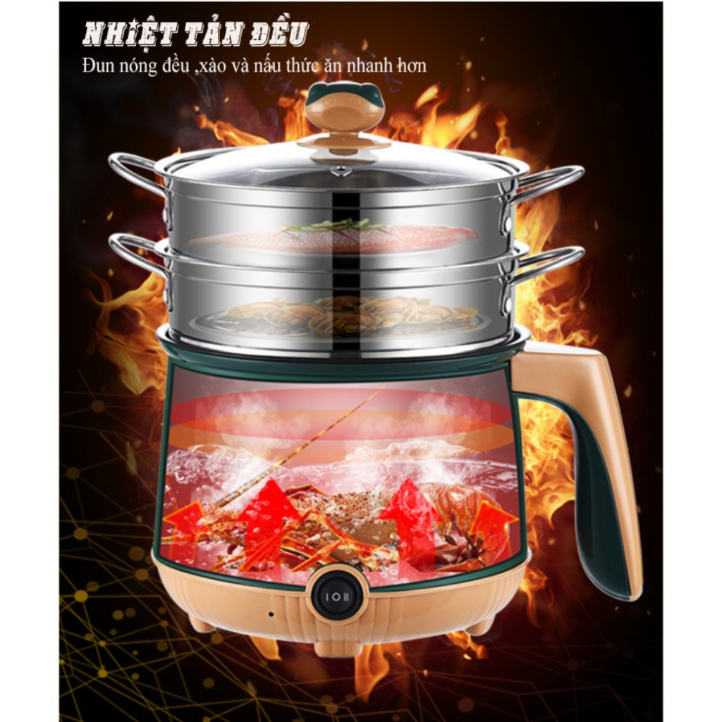 Nồi lẩu mini đa năng 3 lớp ca lẩu điện cô đơn có lồng hấp tiện lợi nấu mì, ăn lẩu, nấu canh xào rán tiện lợi