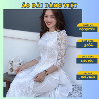 Áo dài cách tân nữ ren trắng tay phồng may sẵn chất liệu lụa ren cao cấp