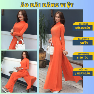 Áo dài truyền thống nữ cam trơn 2 tà may sẵn lụa nhật cao cấp giáo viên công sở
