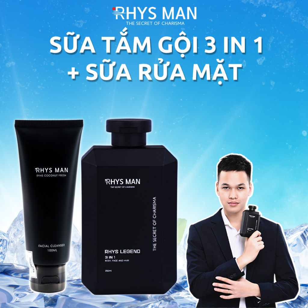 Sữa tắm gội nam RHYS MAN 3in1 350ml & Sữa rửa mặt nam hương dừa 100ml Rhys Coconut Fresh