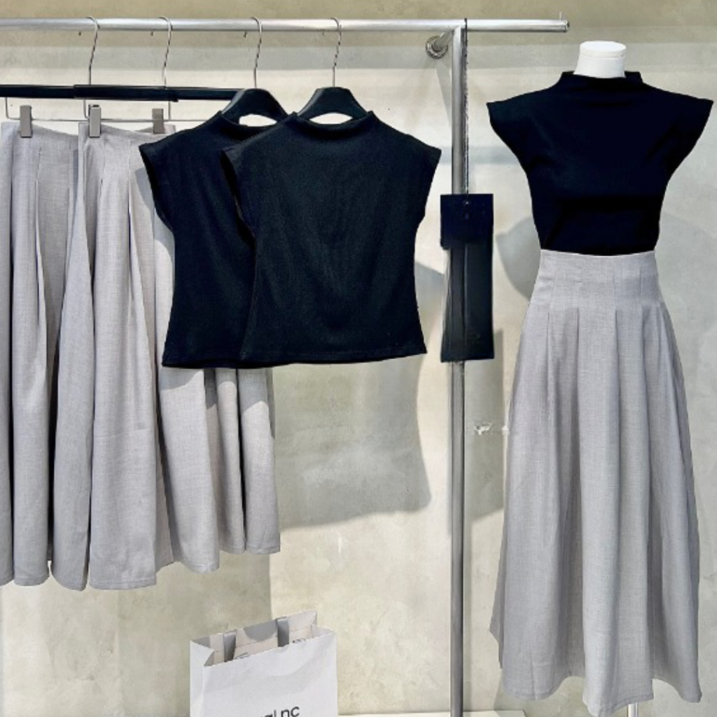 Sét đồ nữ PHUONGMOON, áo sát nách cánh tiên mix chân váy xòe dài