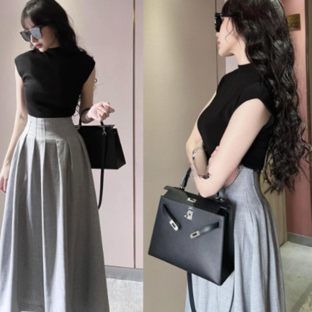 Sét đồ nữ PHUONGMOON, áo sát nách cánh tiên mix chân váy xòe dài