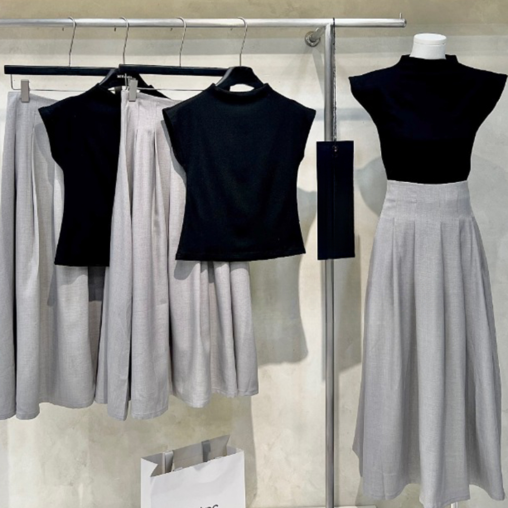 Sét đồ nữ PHUONGMOON, áo sát nách cánh tiên mix chân váy xòe dài