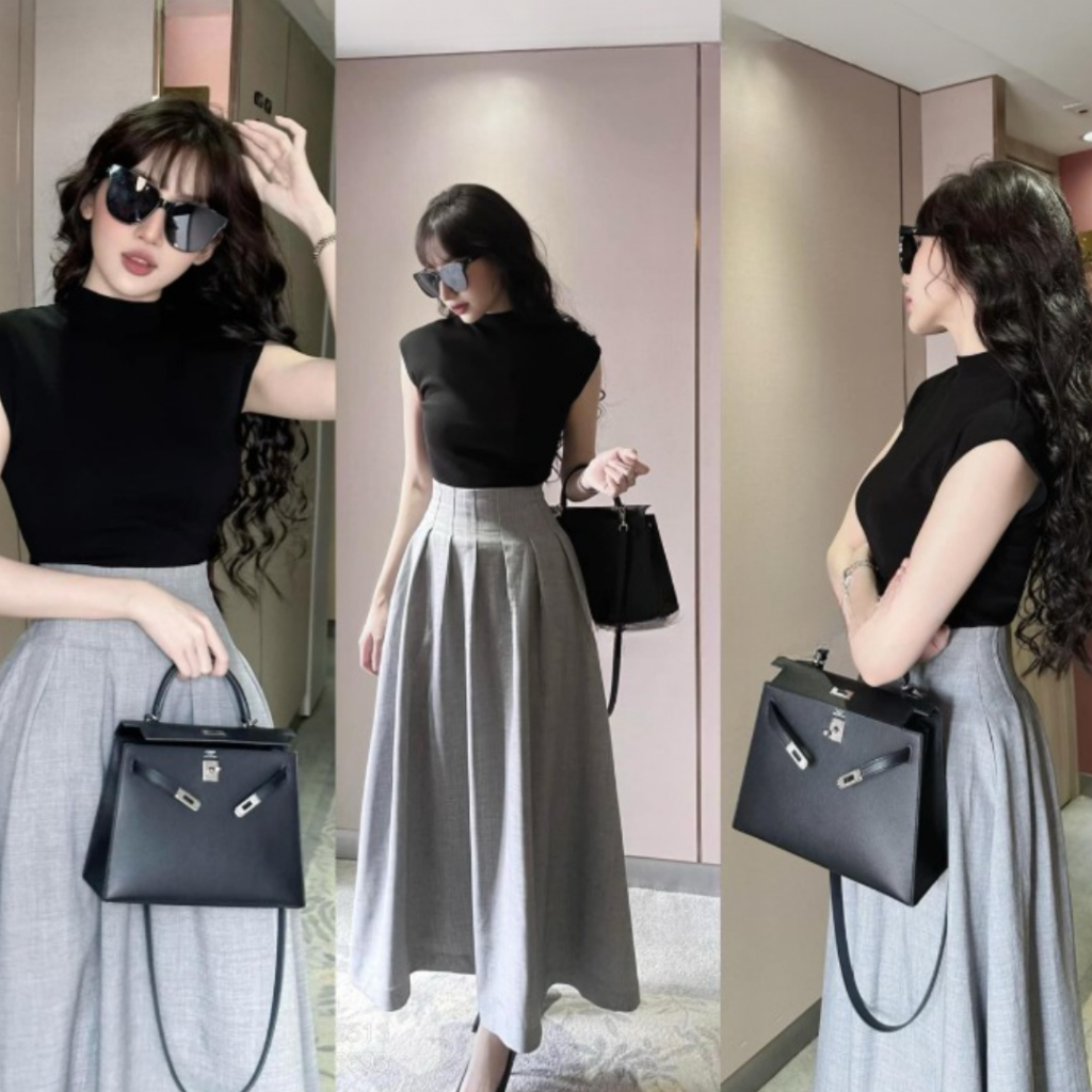 Sét đồ nữ PHUONGMOON, áo sát nách cánh tiên mix chân váy xòe dài