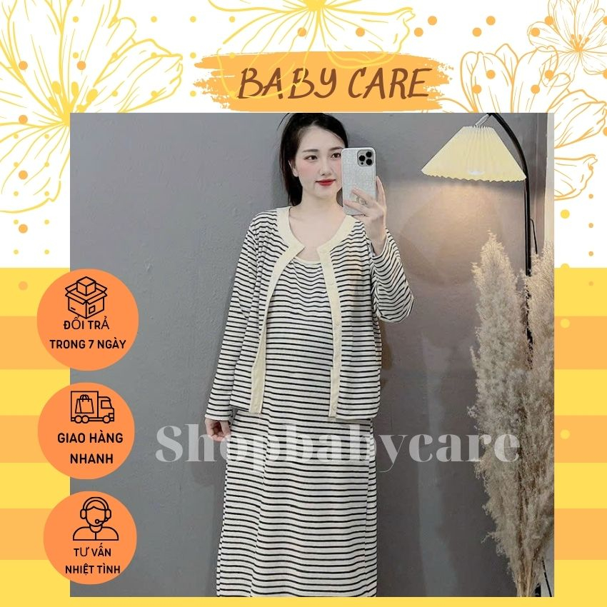 SÉT VÁY BẦU 2 DÂY GÂN TĂM KẺ M283 ĐIỆU ĐÀ- VÁY BẦU KẺ THU ĐÔNG XINH XẮN CHO MẸ BẦU