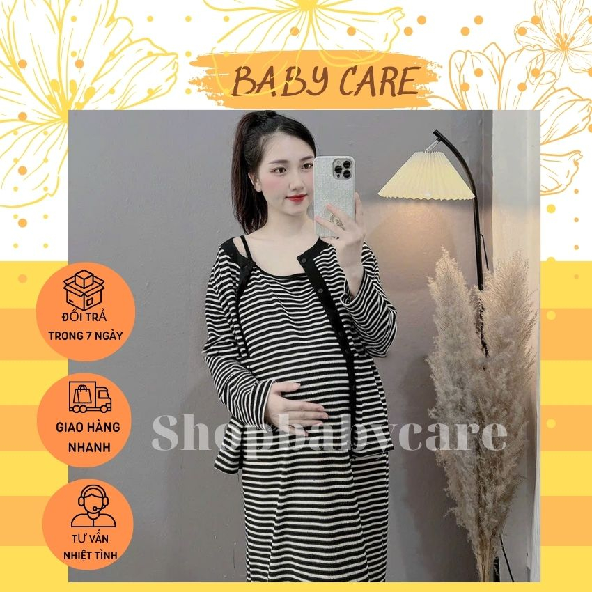 SÉT VÁY BẦU 2 DÂY GÂN TĂM KẺ M283 ĐIỆU ĐÀ- VÁY BẦU KẺ THU ĐÔNG XINH XẮN CHO MẸ BẦU