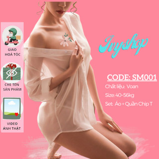 Áo sơ mi ngủ gợi cảm Áo ngủ sexy voan xuyên thấu kèm quần lót lọt khe SM001