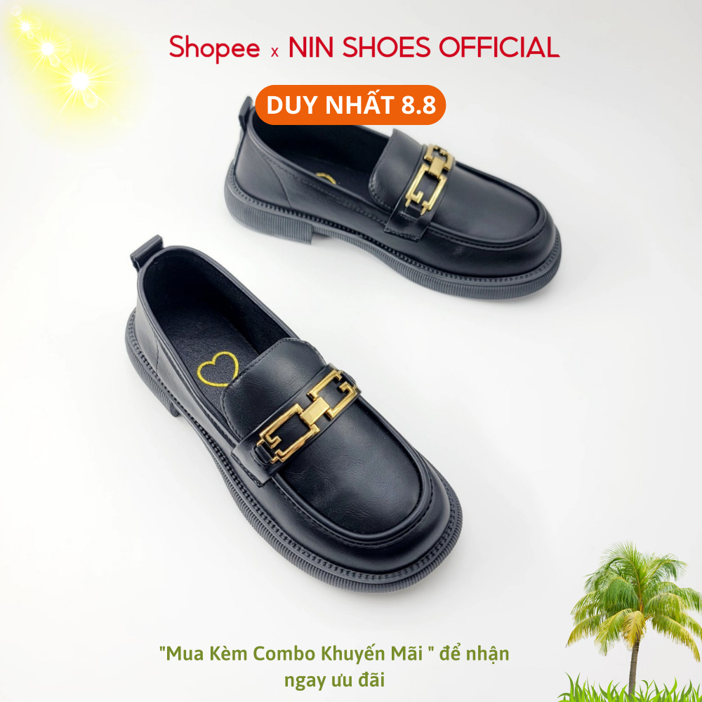 Giày loafer nữ Ninshoes - Giày oxford đế 2p mũi tròn tag xích vàng vuông nối nhau