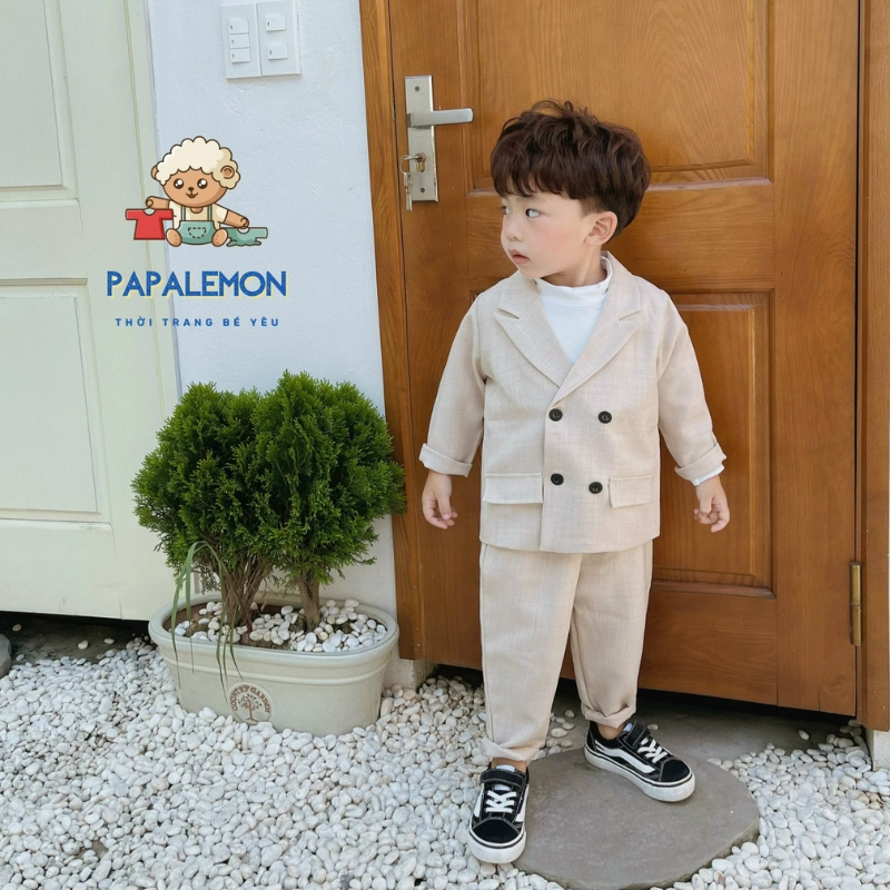 Bộ vest bé trai B075 vest bé trai chất liệu xước hàn không nhăn, vải mịn thiết kế năng động - PAPALEMON