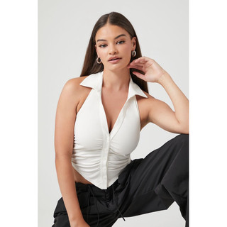 Áo croptop kiểu sơ mi xanh/trắng xuất dư F21 - Ruched Halter Top