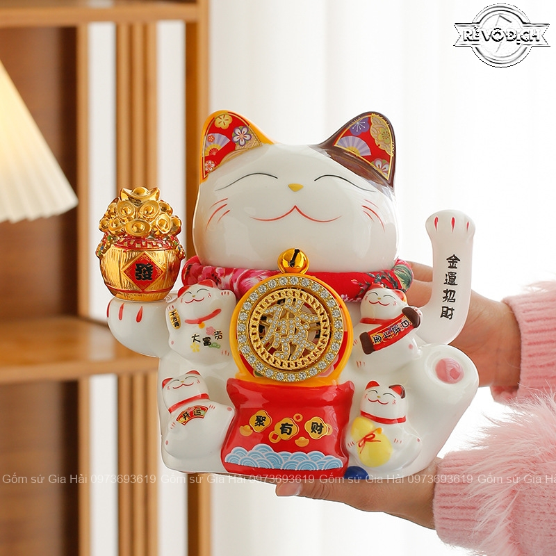 Mèo Thần Tài Mèo May Mắn Mèo Tài Lộc vẫy tay Nhật Bản Maneki Nekko băng gốm sứ cao cấp Kim Vận Chiêu Tài 8inch xoay 20cm