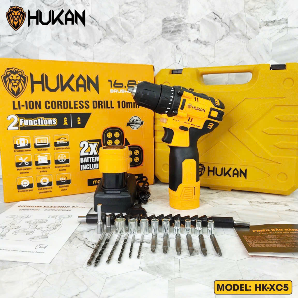 Máy Khoan Pin 18V Pin 4 Cell Hukan HK-XC5 Không Chổi Than Tặng Kèm Bộ Phụ Kiện 24 Chi Tiết