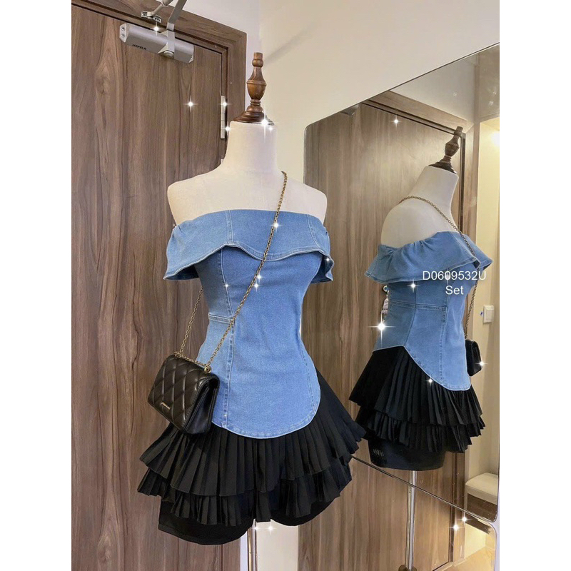 Set áo jean trễ vai tay ngắn kèm chân váy ngắn dập ly!