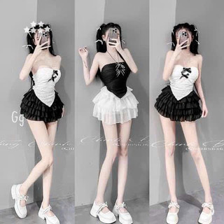 Sét bộ áo ống nhọn tà đính nơ phối chân váy voan tầng cực hot