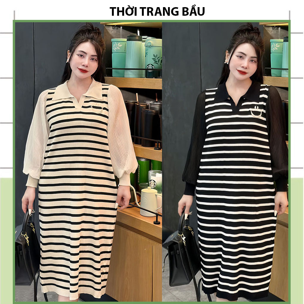VÁY ĐẦM BẦU CÔNG SỞ MÙA THU LEN QUẢNG CHÂU LOẠI ĐẸP-ĐẦM BẦU LEN THIẾT KẾ KẺ SỌC CỔ POLO TAY PHỐI VOAN FRESIZE