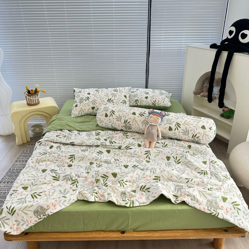 Bộ 5 món Cotton Đũi chăn chần bông Xơ Đậu Nành bảng màu hothit xinh xắn