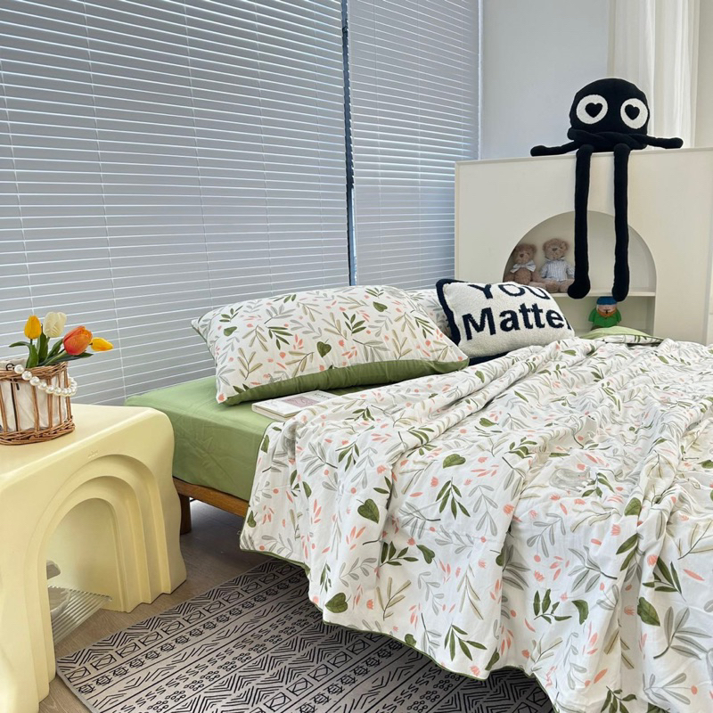 Bộ 5 món Cotton Đũi chăn chần bông Xơ Đậu Nành bảng màu hothit xinh xắn