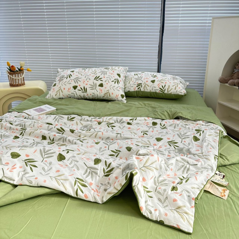 Bộ 5 món Cotton Đũi chăn chần bông Xơ Đậu Nành bảng màu hothit xinh xắn