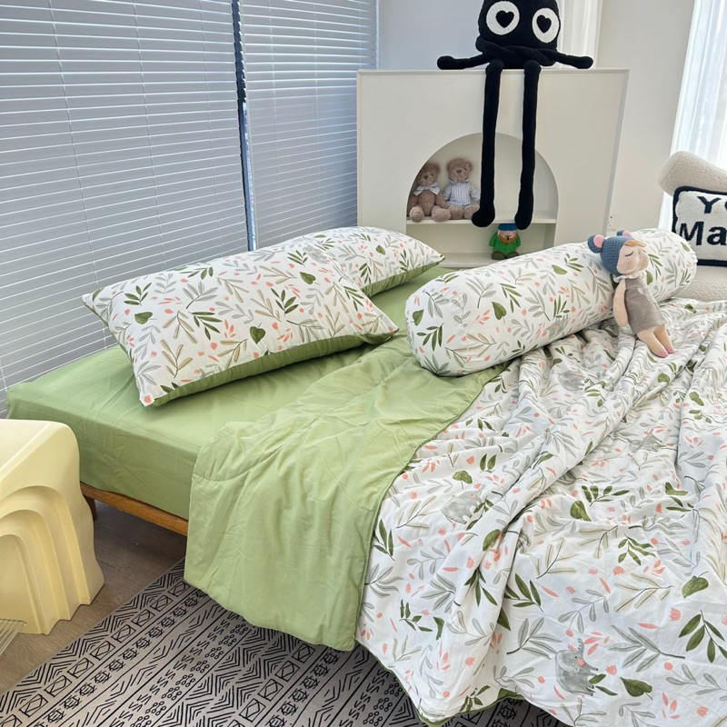Bộ 5 món Cotton Đũi chăn chần bông Xơ Đậu Nành bảng màu hothit xinh xắn