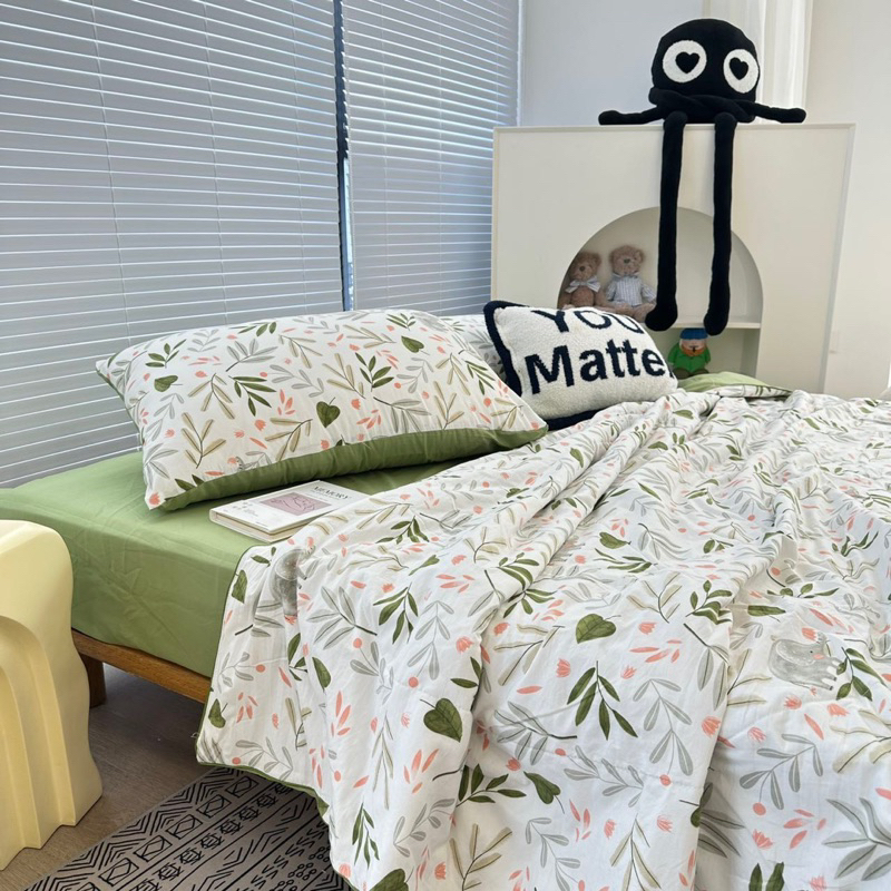 Bộ 5 món Cotton Đũi chăn chần bông Xơ Đậu Nành bảng màu hothit xinh xắn