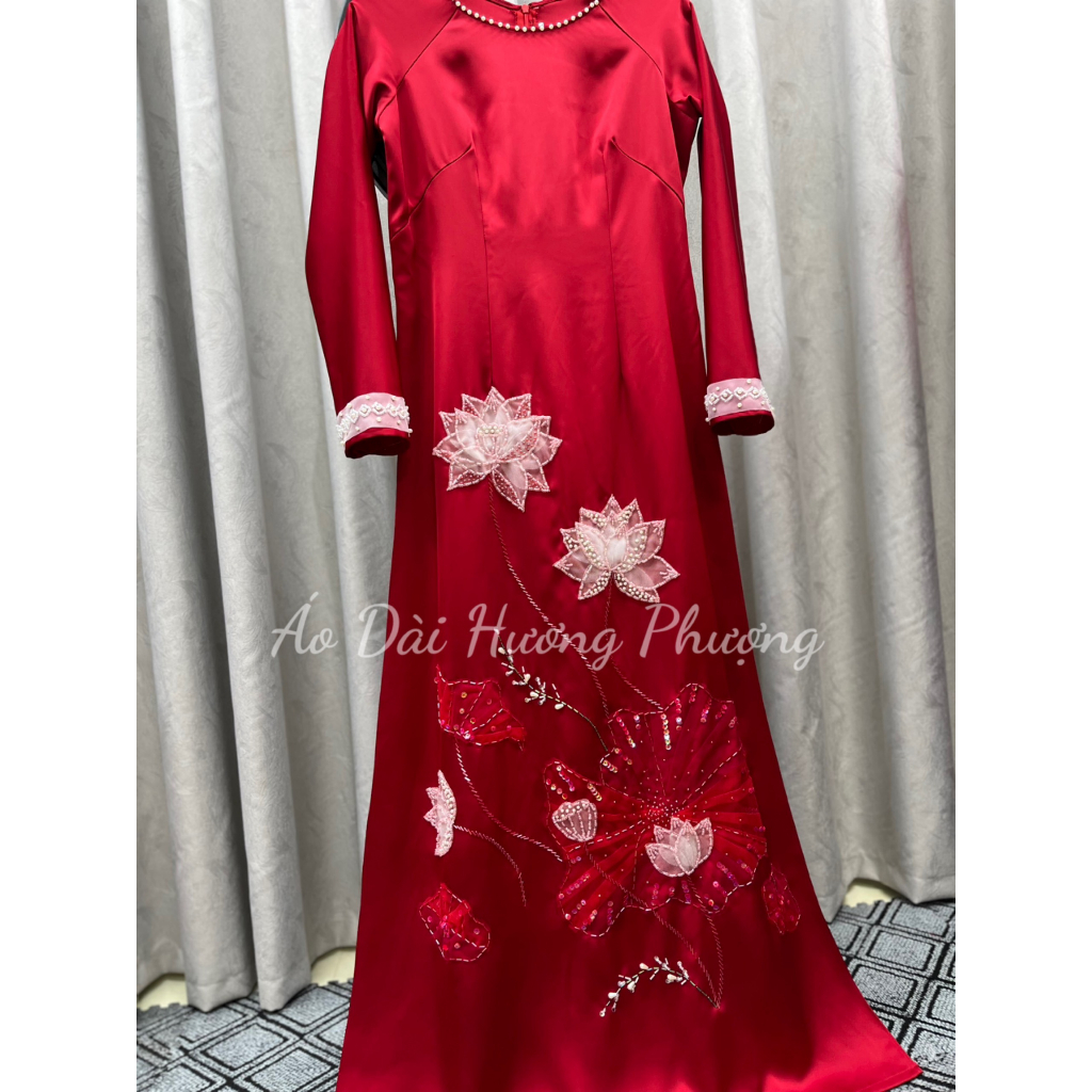 Áo dài cổ tròn lụa cao cấp hoa sen thiêt kế