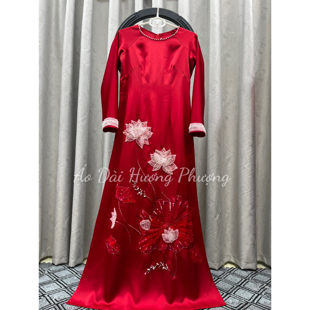 Áo dài cổ tròn lụa cao cấp hoa sen thiêt kế