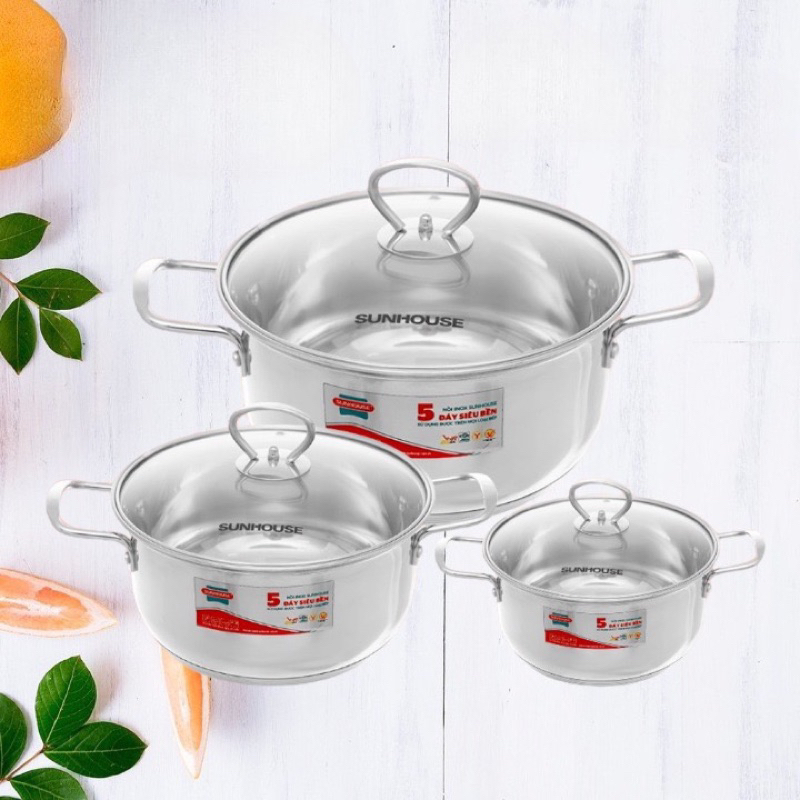 Bộ nồi inox 5 đáy SUNHOUSE SHG788 dùng được cho bếp từ- hàng chính hãng