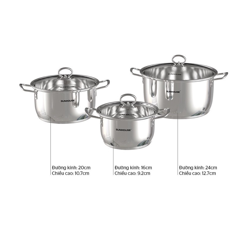 Bộ nồi inox 5 đáy SUNHOUSE SHG788 dùng được cho bếp từ- hàng chính hãng