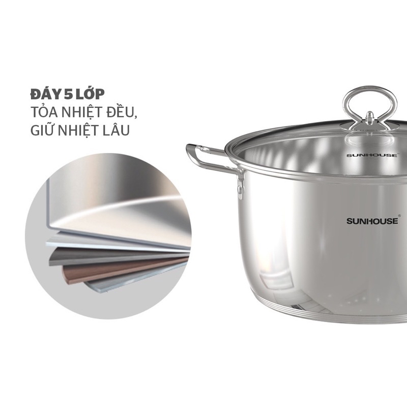 Bộ nồi inox 5 đáy SUNHOUSE SHG788 dùng được cho bếp từ- hàng chính hãng